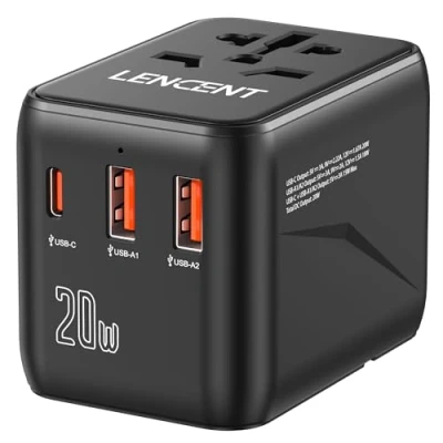 Afbeelding van LENCENT Reisadapter Wereldreis, Universele Reisstekker Wereldwij met PD 20W Type C &amp; 2 USB Internationale Adapter, Adapter Wereldwijd voor 200+ Landen, EU UK DE FR ES CN USA JP IT AUS