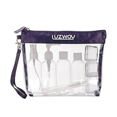 Afbeelding van transparante make uptas LUZWAY waterdichte PVC toilettas + 8 reisflessen (maximaal 100 ml) vrouwelijke en mannelijke vliegtuigtransportvloeistof zwart blauw (Blauw)