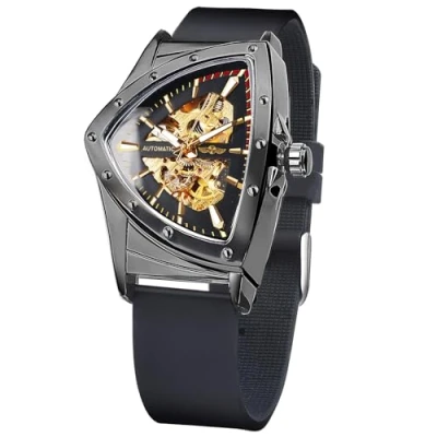 Afbeelding van FORSINING Skelet Horloges voor mannen, automatisch mechanisch horloge met driehoekige wijzerplaat, lichtgevende zelfopwindende horloges, roestvrijstalen armband of zachte siliconen band, Zwart geel,