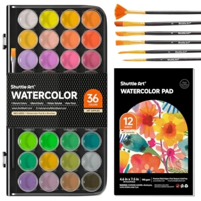 Afbeelding van Shuttle Art Set van 43 aquarelverf, 36 kleuren, aquarelverfpannenset met 6 penselen en 1 aquarelblok voor beginners, kinderen, kalligrafie