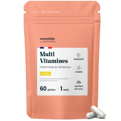 Afbeelding van Multivitaminen en mineralen, 15 essentiële voedingsstoffen, vitamine A B C D E + magnesium zink, immuniteit energie, 60 veganistische capsules, 1 maand kuur, gemaakt in Frankrijk, Essentials by
