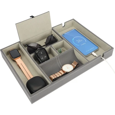 Afbeelding van Belle Vous 6 Compartimenten Grijs Faux Lederen Dressoir/ Nachtkast Organizer Tray Bureau Opslagdoos voor Beurs, Telefoon, Sleutel, Sieraden, Heren Accessoires, Geld, Manchetknopen Allesvanger