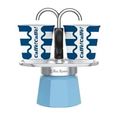 Afbeelding van Bialetti Mini Express Espressokoker voor 2 kopjes, met set koffiekopjes, lichtblauw, collectie Dolce Vita