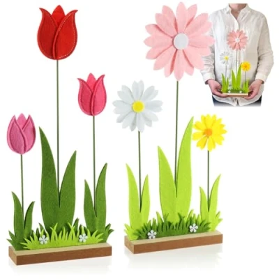 Afbeelding van COM FOUR® 2x decoratieve displays voor Pasen en lente schattige vilten bloemen Paasdecoraties om op te zetten van hout vilt (Bloem 2 stuks)