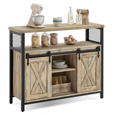 Afbeelding van VASAGLE LSC092B60 Dressoir, keukenkast, opbergkast met 2 schuifdeuren, 33 x 100 80 cm, verstelbare planken, voor woonkamer, turquoise bruin en inktzwart