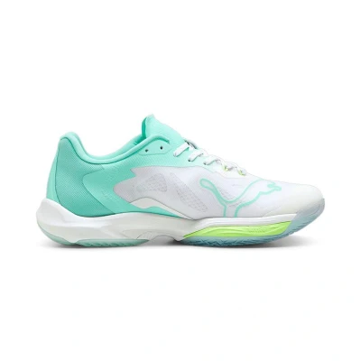 Afbeelding van Puma Vantage Nitro W+ Handbalschoenen, Dames, Maat: 42.5, White/electric peppermint/fizzy apple Textiel/ synthetisch
