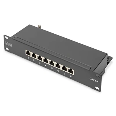 Afbeelding van DIGITUS CAT 6A patchpaneel 8 poorten RJ45 bussen 10 inch rack mount 1U LSA distributiepaneel afgeschermd zwart
