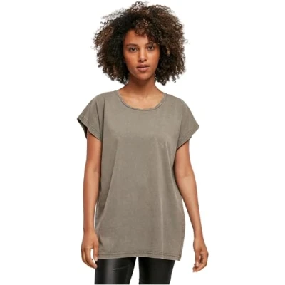 Afbeelding van Build Your Brand Dames Ladies Acid Washed Extended Shoulder Tee T shirt, Darkkhaki, L