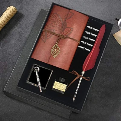 Afbeelding van Quill pen en inktset, antieke veerdippen calligrafiepennenset, inclusief veerpen, 5 vervangende nibs, nib basis, notitieboekje, inkt, cadeau doos, beste voor hem mannen pa (Rood)
