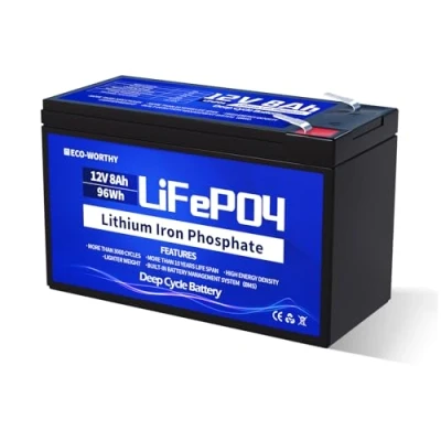 Afbeelding van ECO WORTHY LiFePO4 Oplaadbare lithiumbatterij, 12 V, 8 Ah, met BMS bescherming en 3000+ diepe cycli voor camping, zonne installatie, camper, visvinder, kinderwagen, boot, zonnepaneelkit