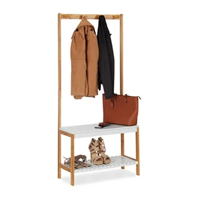 Afbeelding van Relaxdays garderoberek met schoenenrek, 4 haken en 2 opbergplanken, van bamboe &amp; mdf, HBD:150x70,5x30 cm, natuur wit