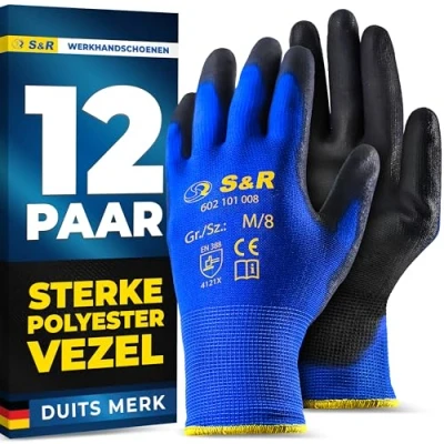 Afbeelding van S&amp;R Beschermende handschoenen 12 paar van polyestervezel met polyurethaancoating, maat XL/10, flexibele, geteste werkhandschoenen geschikt voor privé en commercieel gebruik