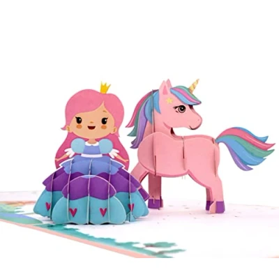 Afbeelding van MOKIO® Pop Up Kaart Prinses en Eenhoorn 3D wenskaart voor een verjaardag, handgemaakte cadeaukaart met envelop