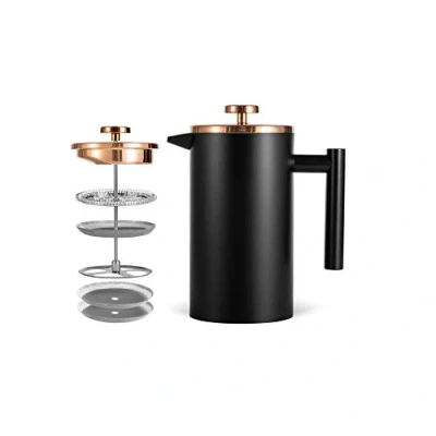 Afbeelding van Miuly koffiezetapparaat French Press 0,35 liter kleine dubbelwandig roestvrij staal Franse koffiepers met 2 extra zeefjes, zwart goud 350 ml (2 kopjes)