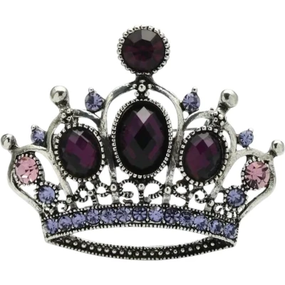 Afbeelding van Broche Kroon Strass groot Zilverkleurig met paarse steentjes (5.4 x 4.7 cm )