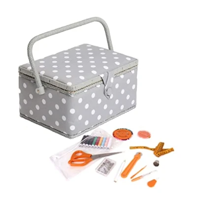 Afbeelding van Hobby Gift Exclusieve voorgevulde knutseldoos met 94 delige naaiset inbegrepen, 18,5 x 25,5 14,5 cm, grijze stippen