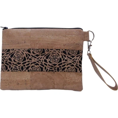 Afbeelding van Clutch tasje dames licht bruin zwart polsbandje make up