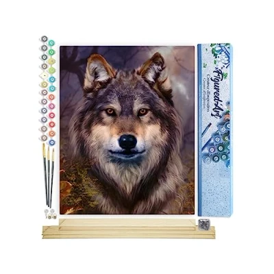 Afbeelding van Figured&#039;Art Schilderen op Nummer Volwassenen canvas Wolfshoofd Handwerk acrylverf Kit DIY Compleet 40x50cm met houten lijst