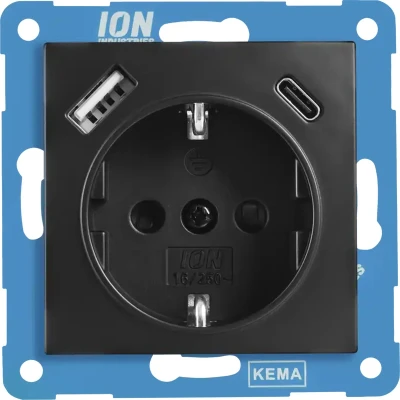 Afbeelding van ION industries stopcontact met randaarde en USB A + C kinderbeveiliging E1 Mat Zwart (10.302.416) wandcontactdoos