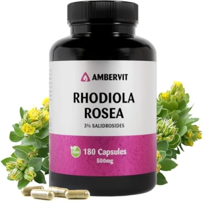 Afbeelding van Rhodiola Rosea hoge dosering 500mg met 3% salidroside 180 stuks Radiola wortelextract veganistisch, geen kunstmatige vulstoffen en allergeenvrij Ambervit