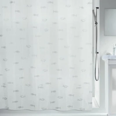 Afbeelding van Spirella Kos zilver metallic effect textiel polyester douchegordijn 180 x 200 cm, wit/zilver