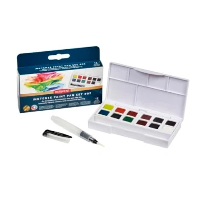 Afbeelding van Derwent Inktense Verfset #2, Set van 12 x 1/2 napjes, Wateroplosbaar, Ideaal voor Verven &amp; Knutselen op Papier Stof, Professionele Kwaliteit, Reisformaat, 2306244