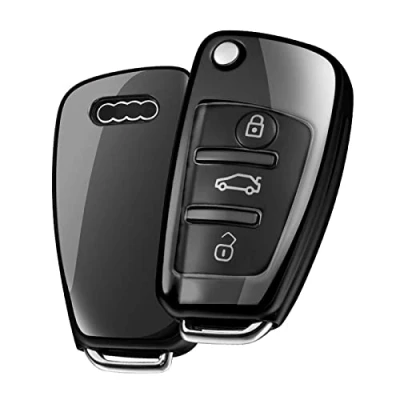 Afbeelding van OATSBASF Autosleutelhoes geschikt voor Audi, sleutelhoes cover A1, A3, A4, A6, Q3, Q5, Q7, S3, R8, TT, Seat, 3 toetsen, sleutelbox (zwart)