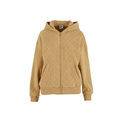 Afbeelding van Urban Classics Damestrui met capuchon, jacquard fluweel, oversized ritssluiting, casual hoodie van fluweel pasvorm, Unionbeige, 4XL