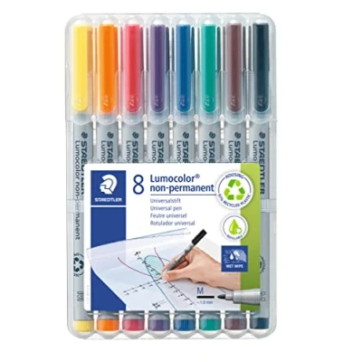 Afbeelding van Staedtler Lumocolor 315 WP8 universele pen, niet permanent, sneldrogend, afneembaar, navulbaar, lijndikte M ca. 1 mm, 8 kleurgecodeerde pennen in een staande doos