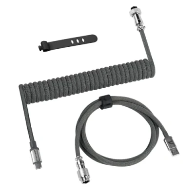 Afbeelding van ATTACK SHARK C01 PRO USB C spiraalkabel gaming toetsenbord, kabel type naar A, gevlochten, dubbele mouwen, afneembare met Aviator aansluitingen van metaal, grijs