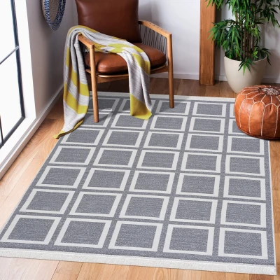 Afbeelding van Boho Kelim Dubbelzijdig Wasbaar Vloerkleed Grijs Creme Rechthoek 80x150 cm