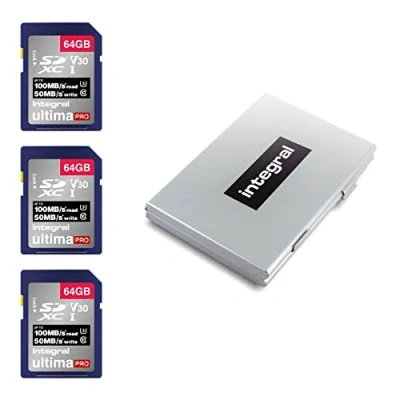 Afbeelding van Integral 64 GB 3 Pack SD kaart 4K Ultra HD Video High Speed SDXC V30 UHS I U3 Class 10 geheugenkaart tot 100 MB/s, kleur kan variëren