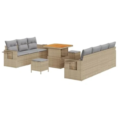 Afbeelding van vidaXL 10 delige tuinset met kussens in beige poly rattan en acacia