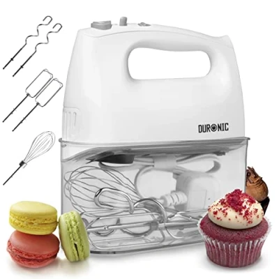 Afbeelding van Duronic HM4 WE Handmixer 400 W 5 Snelheden Accessoires: 2 Kloppers, Deeghaken, 1 Garde Incl. Opbergcontainer Mixer Instellingen &amp; Turbo Functie Onmisbaar Bakgereedschap Wit
