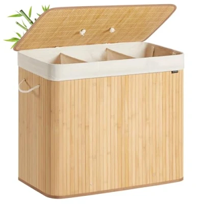 Afbeelding van SONGMICS Wasmand met deksel, 3 compartimenten, 170 liter, bamboe wasmand, opvouwbaar, afneembaar en machinewasbaar, waszak handgrepen, voor wasruimte, slaapkamer, natuurlijke kleur LCB013Y01