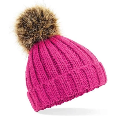 Afbeelding van Gebreide Warme muts Fuchsia Roze grof/chunky met pom voor kleine kinderen Beechfield