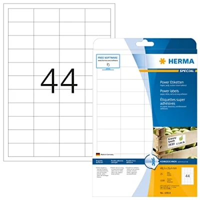 Afbeelding van HERMA 10914 powerlabels A4 (48,3 x 25,4 mm, 25 velles, papier, mat) zelfklevend, bedrukbaar, extreme sterk klevende universele etiketten, 1.100 etiketten voor printer, wit