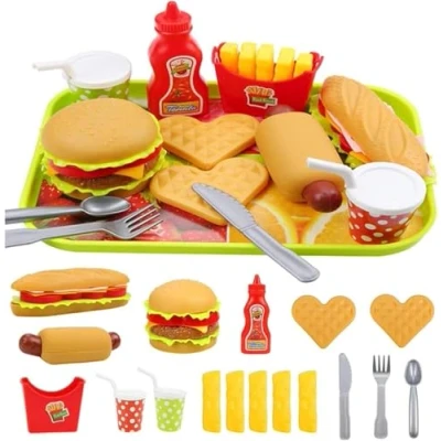 Afbeelding van TLHWIN Voedselspeelgoedset, keukenspeelgoed voor kinderen, keuken, hamburger, pedagogisch rollenspel, educatief speelgoed, accessoires, cadeau jongens en meisjes vanaf 3 jaar.