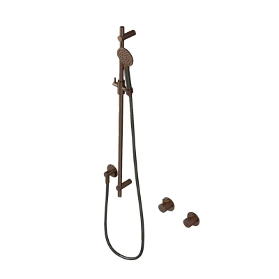 Afbeelding van HotBath Cobber glijstang 90cm met wandaansluitbocht 150cm doucheslang en ronde handdouche messing verouderd verweerd