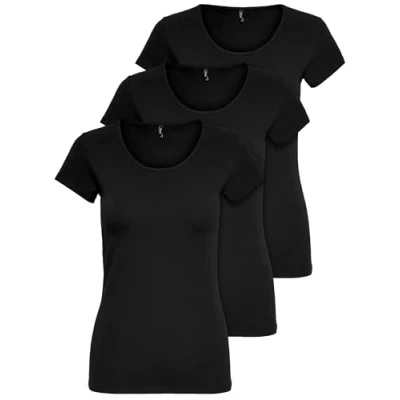 Afbeelding van ONLY 15209153 Dames T shirt met korte mouwen, lange basic zomer shirts, maten XS / S M L XL, zwart of wit, set van 3 stuks, zwart, XL