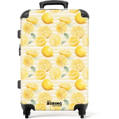 Afbeelding van NoBoringSuitcases.com Grote koffer Citroen met strepen patroon geel Kinderkoffer geschikt voor jongen en meisjes Reiskoffer 4 wielen Trolley op wieltjes Rolkoffer groot kinderen 72 liter Ruimbagage valies 20kg