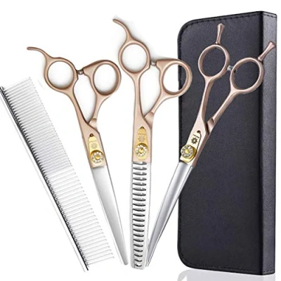 Afbeelding van Dream Reach 7 inch professionele huisdier verzorging schaar set, 440C Japanse staal rechte &amp; gebogen dunner chunker scharen/schaar kit voor hond kat en meer huisdieren (7 &quot; set