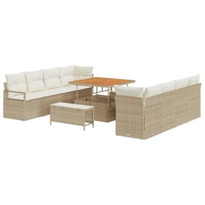 Afbeelding van vidaXL 11 delig Tuin Sofa Set met Kussens Beige Poly Rattan Acacia, 2 zits Opslag &amp; Rattan, 3 Eetset Acacia
