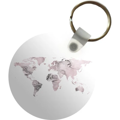 Afbeelding van Sleutelhanger Wereldkaart Roze Grijs Plastic Rond Uitdeelcadeautjes