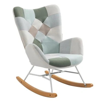 Afbeelding van MEUBLE COSY Schommelstoelen, Scandinavische borstvoedingsschommelstoel Vrije tijds en ruststoel in patchworkstof met massief houten metalen poten voor woonkamer, slaapkamer, 69x85x97cm