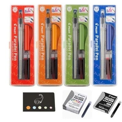 Afbeelding van Set van 4 Parallel Pen: 1,5 mm + 2,4 3,8 6,0 12 patronen verschillende kleuren 6 zwarte 1 zelfklevende index Blumie