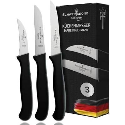 Afbeelding van Schwertkrone Solingen Premium groentemessen, 3 delig, keukenmessen met recht, gebogen en getand lemmet, vaatwasmachinebestendig