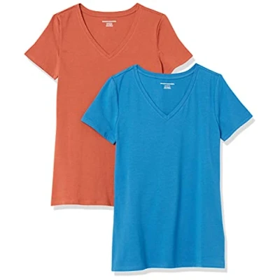 Afbeelding van Amazon Essentials Women&#039;s T shirt met korte mouwen en V hals in klassieke pasvorm, Pack of 2, Terracotta/Blauw, XS