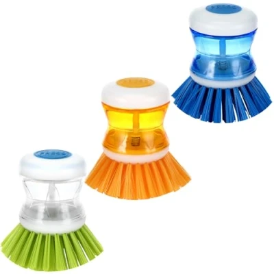 Afbeelding van afwasborstel met afwasmiddeldispenser, 3 stuks afwasborstel, borstel afwasmiddel, vulbare keukenborstel, voor servies, potten, gootsteen, reinigingsborstel