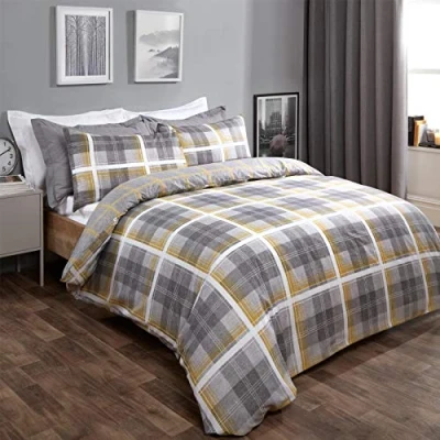 Afbeelding van Dreamscene Denim Check dekbedovertrek met kussensloop, omkeerbaar tartan beddengoed, okergeel, antracietgrijs, 2 stuks, eenpersoons